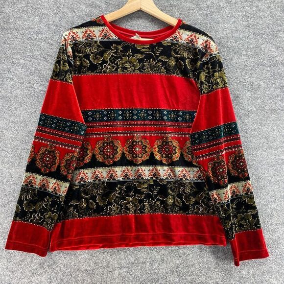 White Stag Blouse Women L Large Red Striped Crew Neck Long Sleeve Pullover - Picture 1 of 11